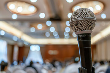 Microphone close up shot in seminar or meeting room with people in blur focus.