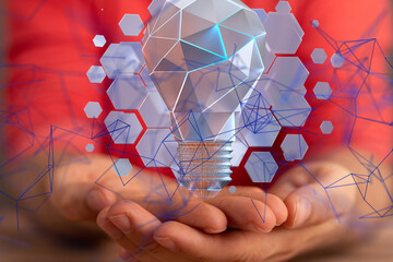 lamp idea holding in hand 3d  - neural network exposure digital