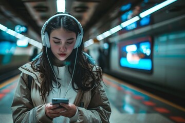 Fototapeta na wymiar Young girl using smart phone waiting for train at subway station