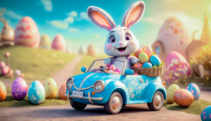 A cute and cheerful Easter bunny is carrying Easter eggs and sweets in a car