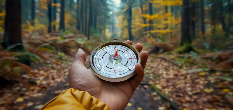 gros plan sur une main qui tient une boussole en for&ecirc;t pour trouver son chemin