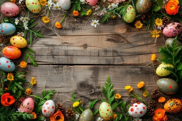 Fototapeta na wymiar Happy Easter Eggs Basket procession. Bunny in Resurrection flower Garden. Cute 3d image easter rabbit illustration. Easter Hedgerow flower card wallpaper decorative accents