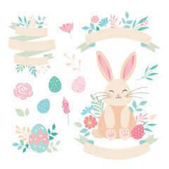 Easter vector element collection spring elements cartoon bunny flowers and basket