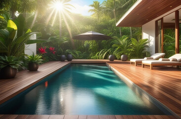 luxury spa and swimming pool, countryside villa, wooden deck with a pool in tropics
