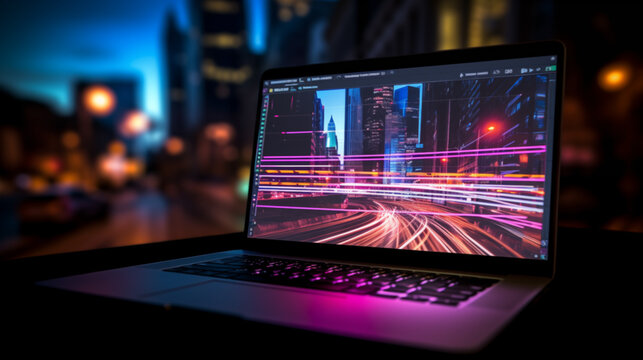 Laptop with blurred city street background at n ight