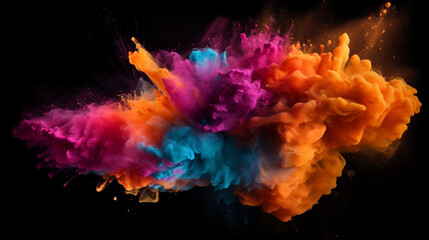 Explosion of dry pigments against a black backdrop, vibrant bursts of color in artistic chaos, dynamic eruption of powdered paints, abstract expressionist explosion in monochromatic contrast