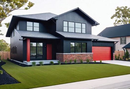 Cozy beautiful house in barnhouse style. Wood, red brick and black metal were used in construction. Practical and simple home design with copy space,