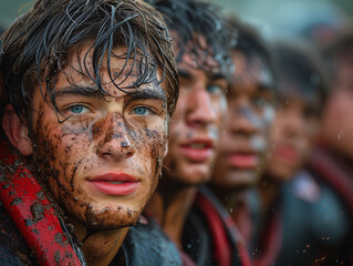 Close up shot of a handsome young rugby players posing on a rainy day.The rain doesnt stop him. Ai

