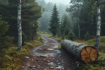 Foto op Canvas Forest pine and spruce trees. Log trunks pile, the logging timber wood industry. Wide banner or panorama wooden trunks.Ai  © Impress Designers