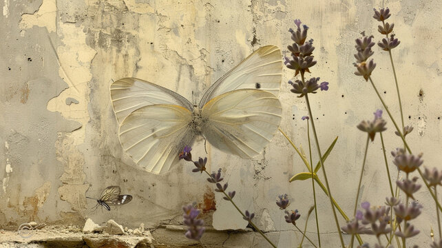 color photo of a serene butterfly gracefully perched on a delicate lavender flower