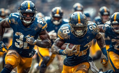 Front View of Dynamic American Football Player in Action, Golden and Blue Uniform