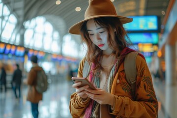 Woman in hat checking her phone while standing in airport terminal, surrounded by travelers and departure boards