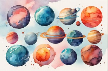 Watercolor set of planets of the Solar System. Hand drawn isolated illustration on pastel background. AI generated
