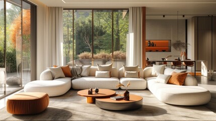 Modern Spacious Living Room with Autumn View, quiet luxury living room is glam, shiny mirrored or glitzy Rather, quiet luxury style living rooms 