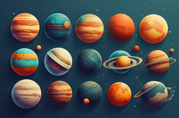 Illustration of set of planets of the Solar System on dark background. AI generated