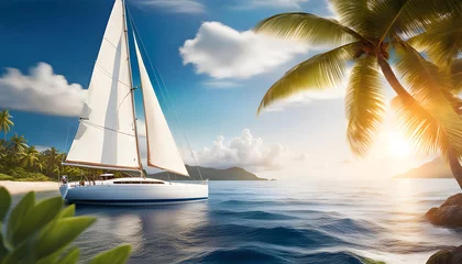 Deurstickers a sailboat with white sails in a calm sea off the coast of a tropical island during a bright sunset, concept of vacation on a yacht and on the islands, © Perecciv