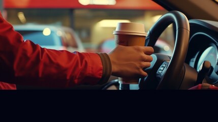 Hand Man in car receiving coffee in drive thru fast food restaurant. Staff serving takeaway order for driver in delivery window. Drive through and takeaway for buy fast food for protect - obrazy, fototapety, plakaty