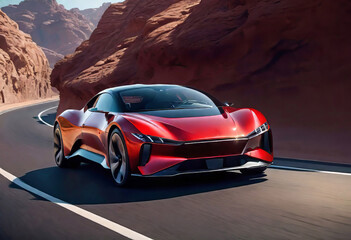 Modern business electric car driving through the desert at high speed, The car rushes through a...