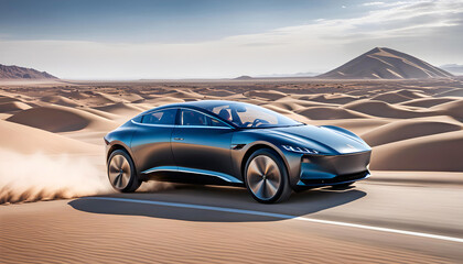 Fototapeta na wymiar Modern business electric car driving through the desert at high speed, The car rushes through a beautiful landscape on a bright day, modern automotive technology,