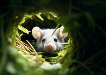 Cute little white mouse in the nest with green grass.