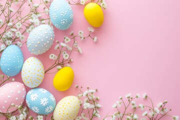 Happy Easter Eggs Basket Passover. Bunny in easter basket fillers flower Garden. Cute 3d Signature card easter rabbit illustration. Easter Frame space card wallpaper tulips
