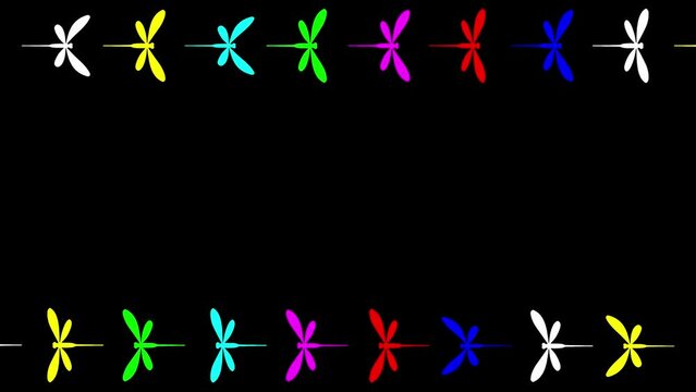 Moving colorful dragonflies decorative frame on plain black background