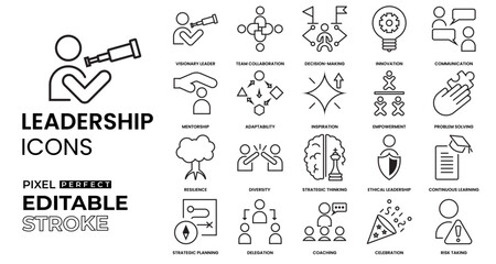leadership, collaboration, decision making, innovation, communication, mentorship, adaptability, inspiration, empowerment, problem solving, Resilience, diversity icons with editable stroke
