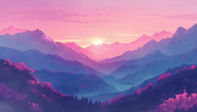Amidst the embrace of a majestic mountain, delicate pink sakura blossoms add a touch of fleeting elegance to the rugged landscape, Seamless looping time-lapse animation video background  Generated AI