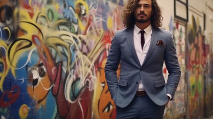 Obraz na płótnie Canvas Handsome hipster model. Arabian man dressed in suit jacket clothes. Fashion male with long curly hairstyle posing in street near graffiti wall
