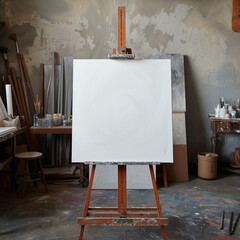 Blank canvas on an easel ready for paint in a serene and well-lit artist's workspace or art studio