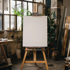 Blank canvas on an easel ready for paint in a serene and well-lit artist's workspace or art studio