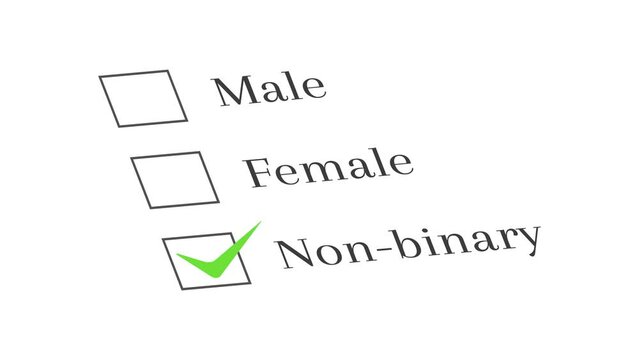 Survey and questionnaire concept, gender identity and sex choices including male, female and non-binary option, latter box selected by having a green check mark