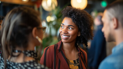 Diverse entrepreneurs at a networking event, exchanging ideas and building connections. Afro-american woman in center in a dynamic and inclusive professional setting