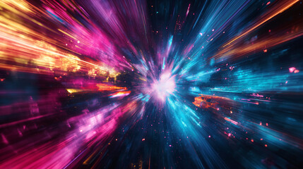 Abstract digital art with a burst of neon colors and clouds, futuristic background