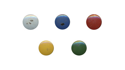 a set of colorful aged circles, rusty stationery tacks in png format, front view, isolated metal push rounded pins on transparent background