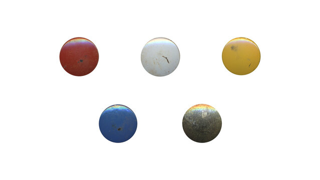 a set of colorful aged circles, rusty stationery tacks in png format, front view, isolated metal push rounded pins on transparent background