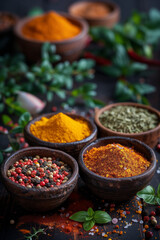 Mix of colorful fresh spices on wooden background.