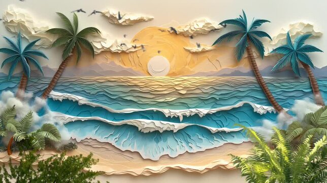 Beach with palm trees in paper art style. Seamless looping time-lapse 4k video animation background