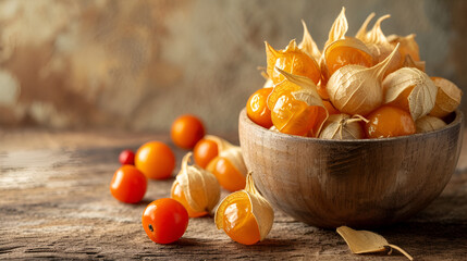 Dried physalis in wooden bowl and fresh berries on wood background, generative ai