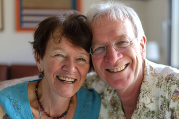 Elderly married man and woman posing at home. Warm family relationship. Looking at camera, smiling. 