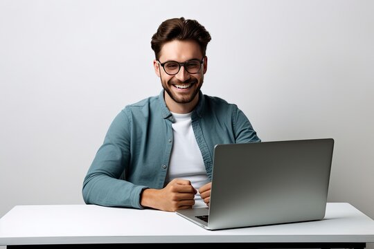 Young successful Caucasian student freelancer using laptop, wearing casual clothes, watching webinar, working remotely, e-learning e-commerce online isolated on white background - generative ai