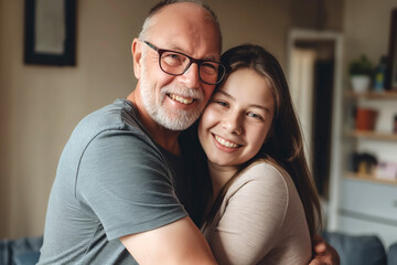 Fototapeta premium Elderly father and daughter posing at home. Warm family relationship. Looking at camera, smiling. 
