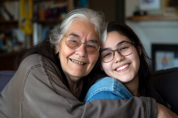 Elderly mother and daughter posing at home. Warm family relationship. Looking at camera, smiling. 