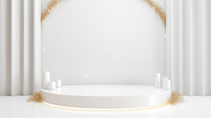3d empty white gold luxury wide background with grand podium