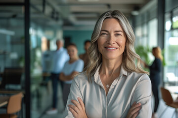 Fototapeta premium Smiling successful Businesswoman with crossed arms and diverse team in background in office setting