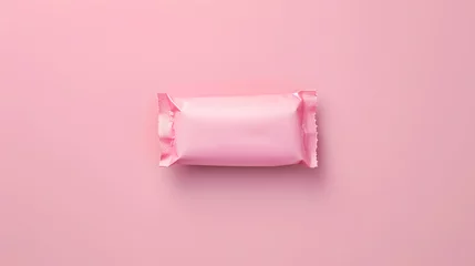 Rolgordijnen Blank pink candy package mockup on pink background © DimaSabaka
