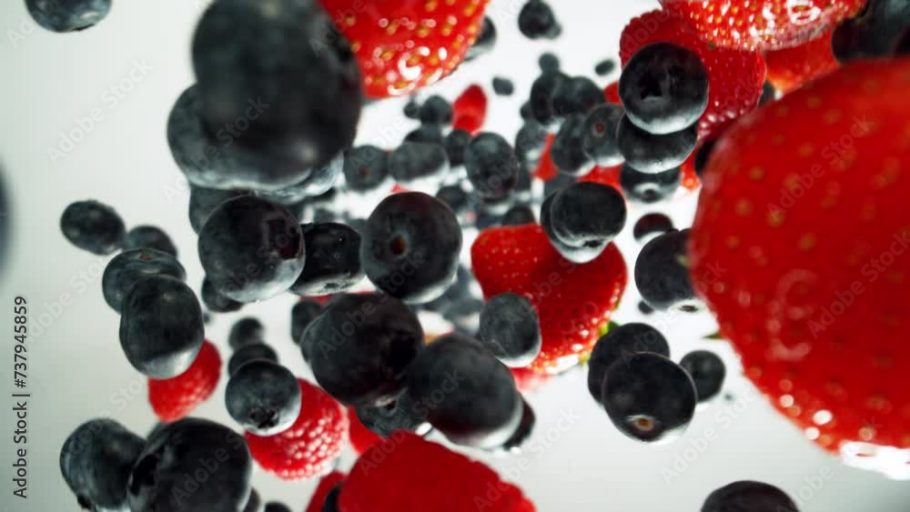 Aufkleber super slow motion of falling and rotating berries on white background, top view. filmed on high spee