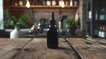 Blank bottle of a beard oil mockup with blurred barbershop background