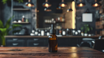 Fototapeta na wymiar Blank bottle of a beard oil mockup with blurred barbershop background