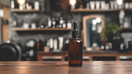 Blank bottle of a beard oil mockup with blurred barbershop background